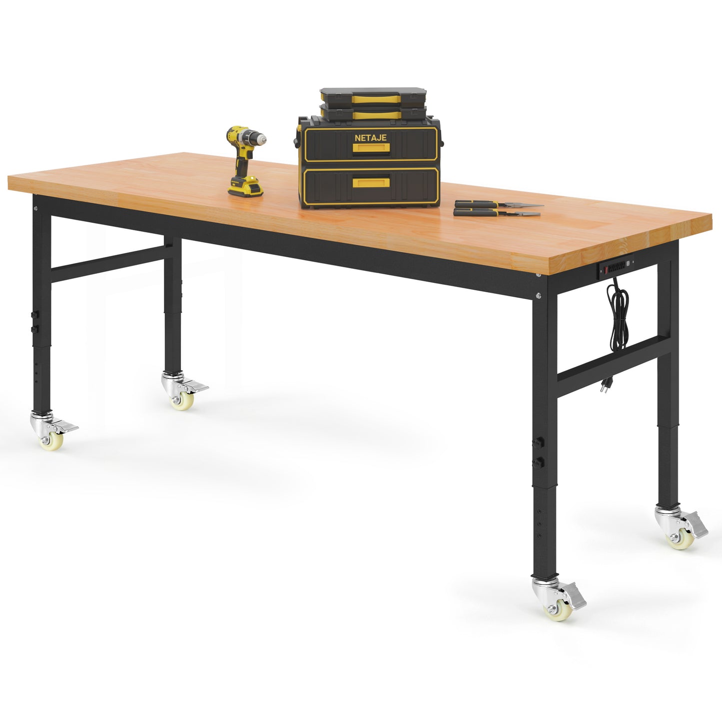 60" Heavy-Duty Work Bench Adjustable Workbench Work Table 2000 LB Load Capacity w/Hardwood Top, Power Outlets, Wheels and Metal Frame for Garage, Workshop, Office, Home, Workstation