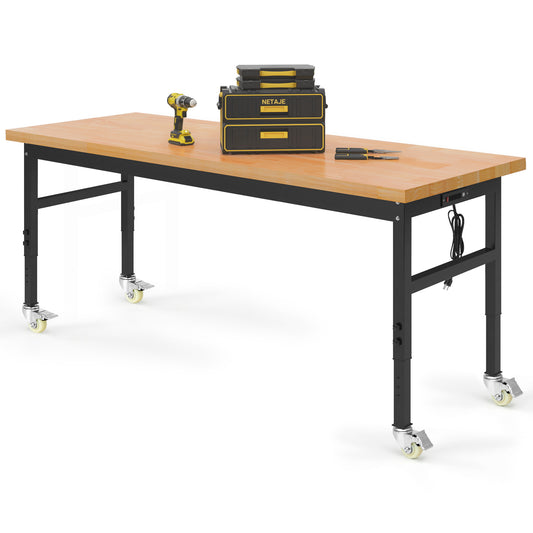 60" Heavy-Duty Work Bench Adjustable Workbench Work Table 2000 LB Load Capacity w/Hardwood Top, Power Outlets, Wheels and Metal Frame for Garage, Workshop, Office, Home, Workstation