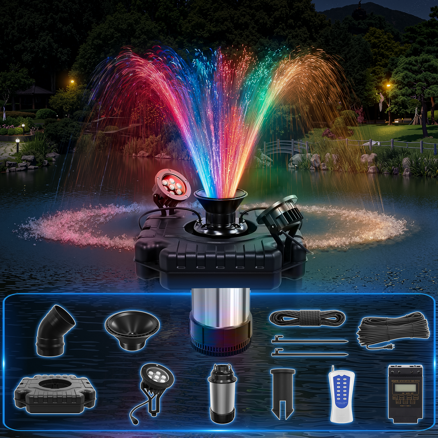 Pond Fountain Aerator with Color Changing LED Lights & Remote, Outdoor Water Fountain Pump for Ponds & Lakes,1HP 110V 750W 15000 GPH，Black