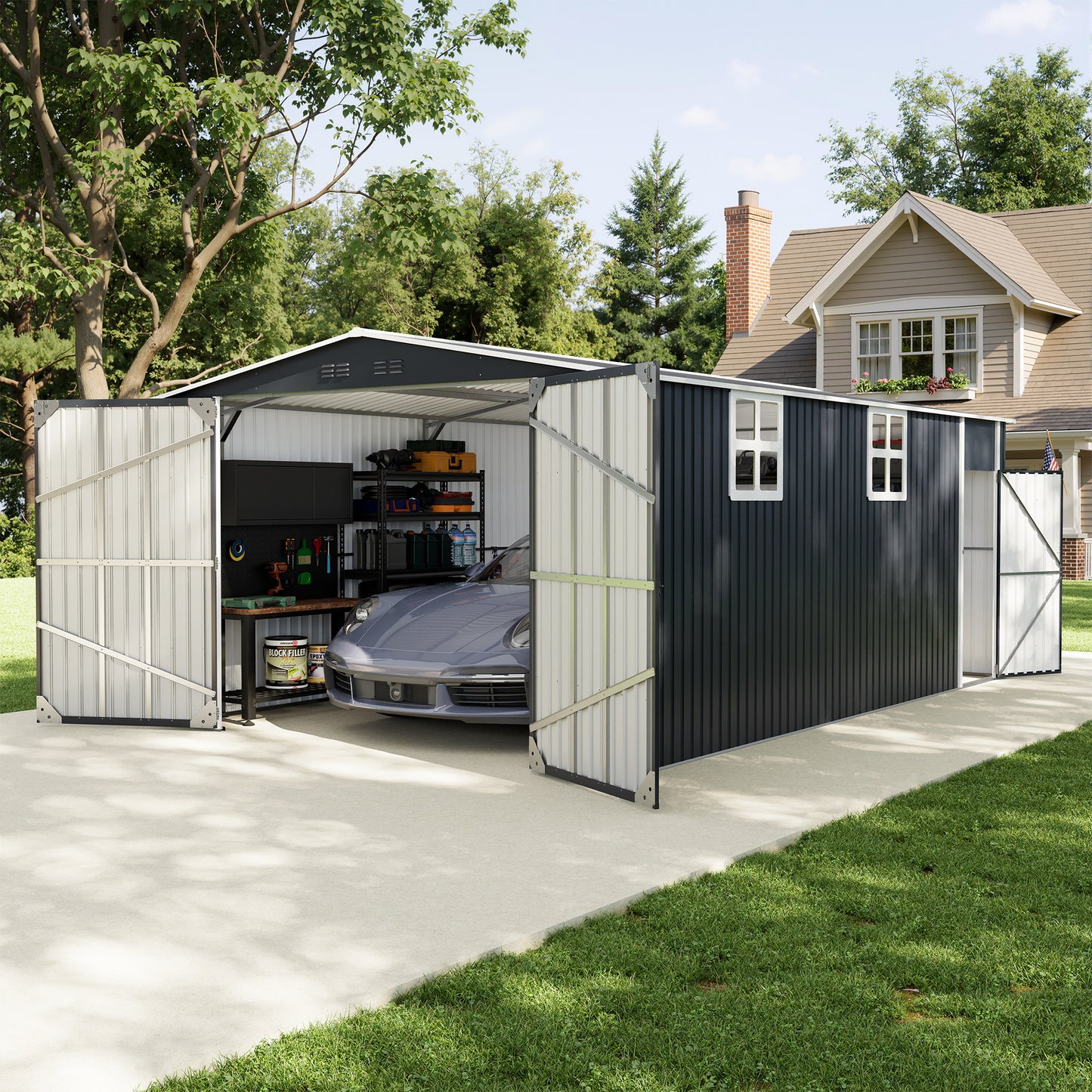 NETAJE 12'x20' Outdoor Metal Storage Shed, Extra Large Metal Garage Shed with Featuring Sturdy Metal Frame, Window, Lockable Doors and Air Vent for Car, Boat, Truck, Black