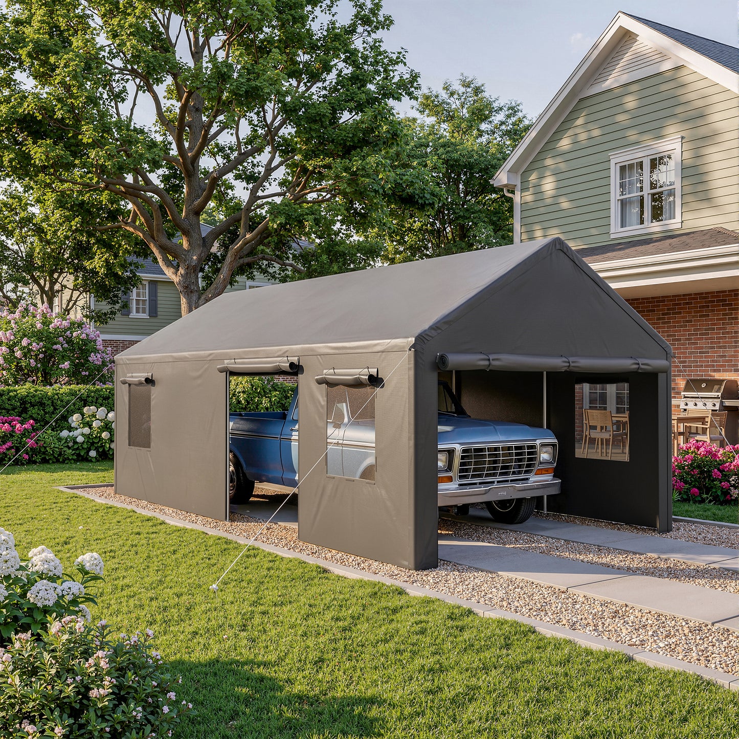 NETAJE 13'x25' Heavy Duty Portable Outdoor Garage Carport with Side-Opening Door, Roll-up Windows, Four-Hole Base for Car, Black