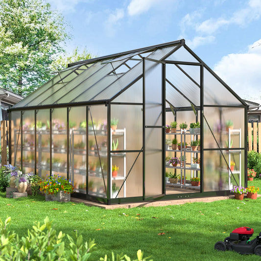 MUCHANT 8x12 FT Greenhouse for Outdoors, Walk-in Large Aluminum Frame Greenhouse with Quick Setup Structure and Roof Vent for Garden Backyard, Black