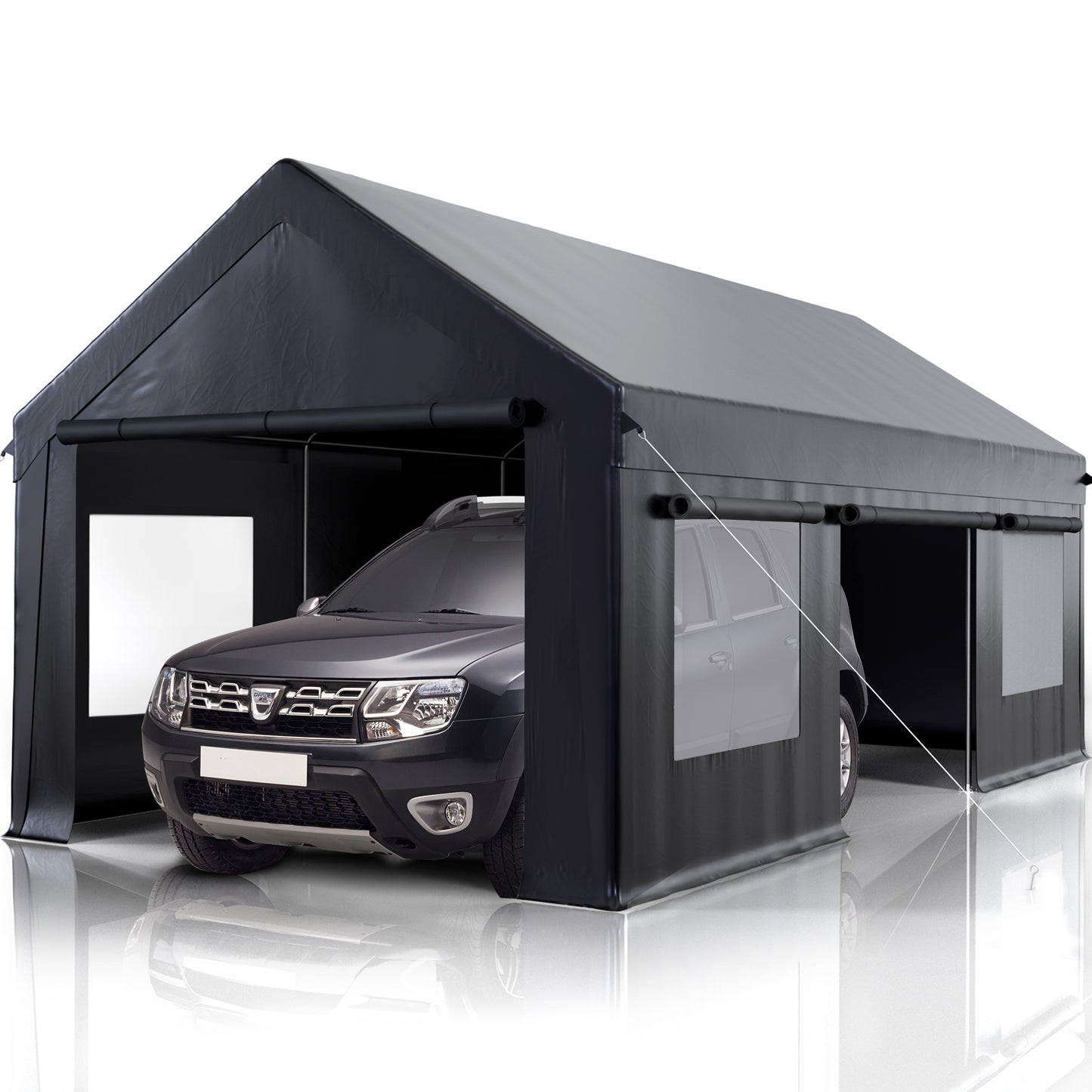 12' x 20' Heavy Duty Portable Garage, Carport with Side-Opening Door & Roll-up Windows, Car Canopy Reinforced Four-Hole Base for Car, Truck, Boat