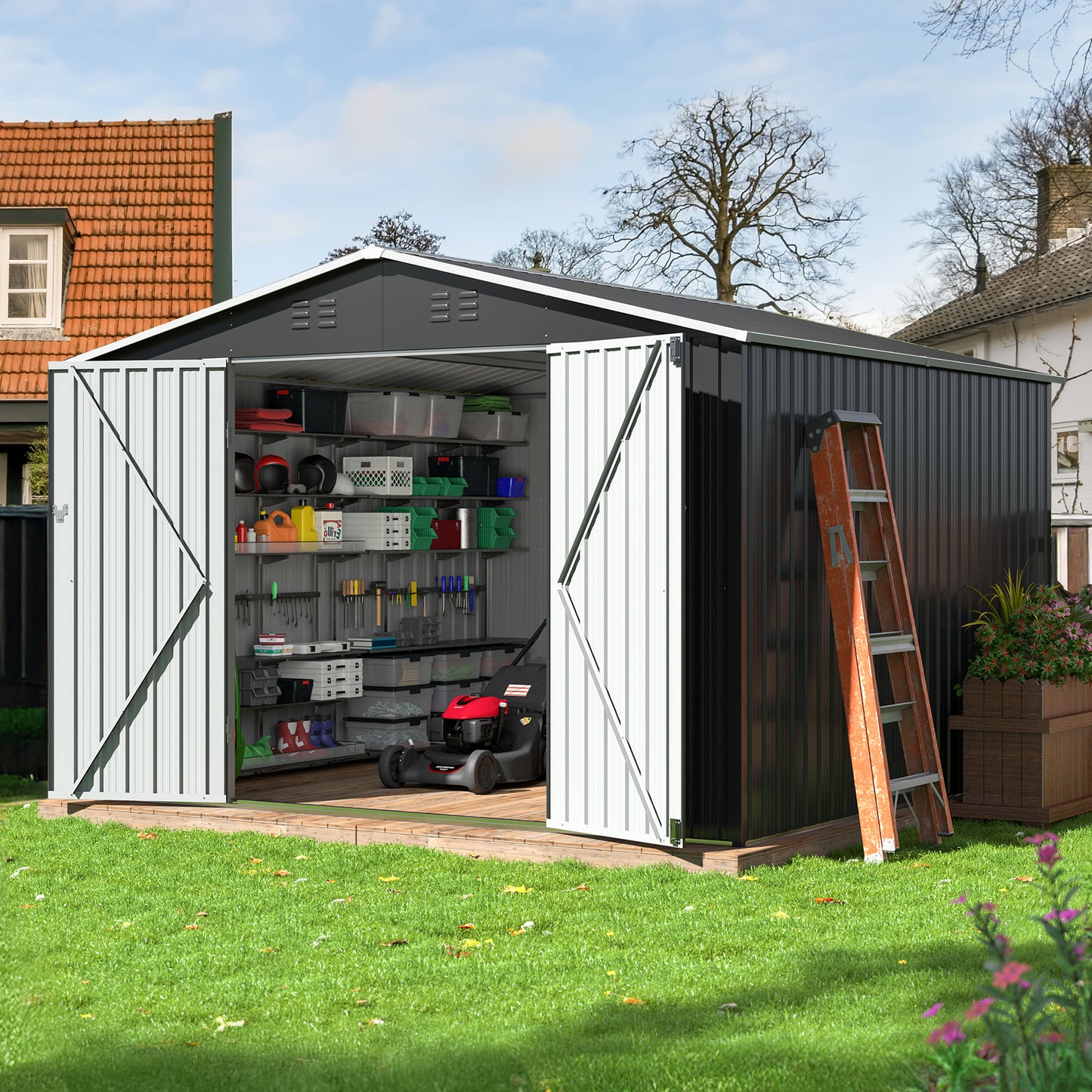 MUCHANT 10'x10' Outdoor Metal Storage Shed with Updated Frame Structure and Lockable Doors, Steel Garden Tool Sheds for Backyard, Patio, Lawn, Gray