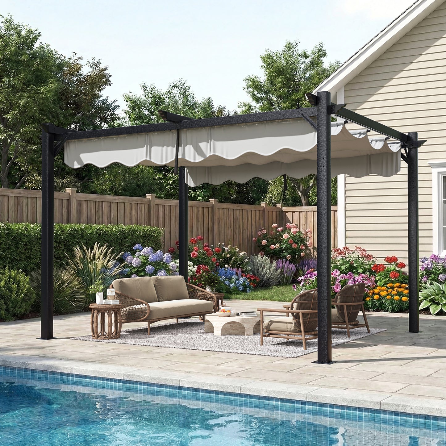 NETAJE 10'x12' Retractable Canopy Pergola, Heavy-Duty Outdoor Metal Gazebo Shelter with Adjustable Sun Shade, Patio Grape Trellis for Backyard, Deck, Garden
