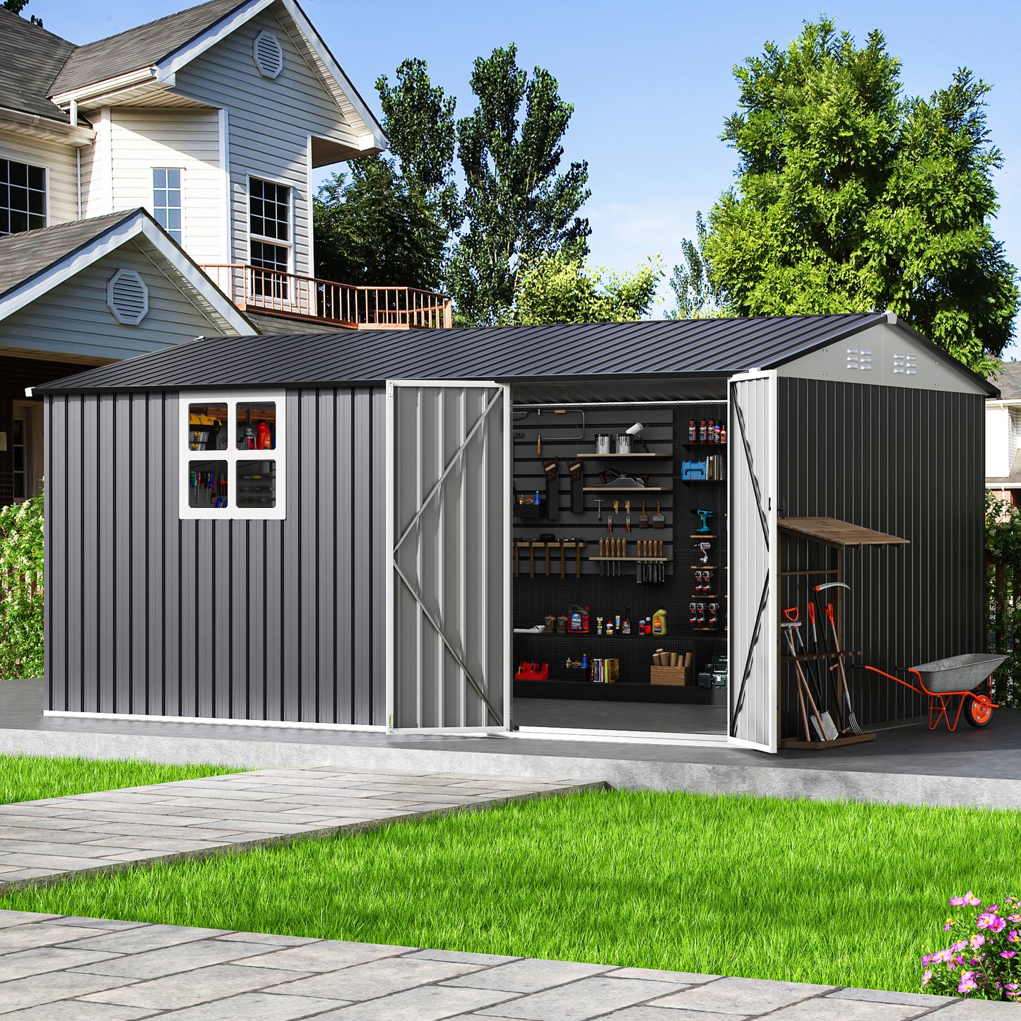 10'x14' Outdoor Metal Storage Garden Shed with Window, Lockable Doors and Air Vent for Backyard, Garden, Lawn, Dark Gray