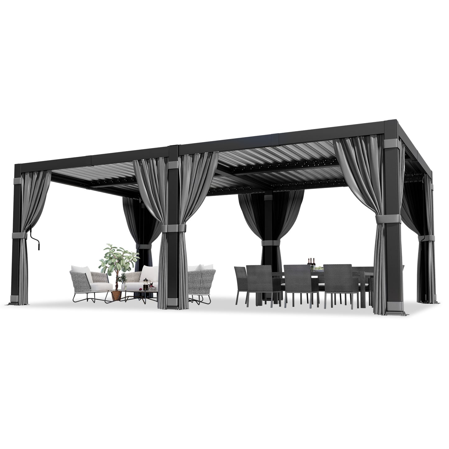 NETAJE 12'x20' Hardtop Louvered Pergola, Aluminum Outdoor Pavilion with Adjustable Louvered Roof & Drainage System, Permanent Gazebo with Curtains and Netting for Patio, Garden, Decks