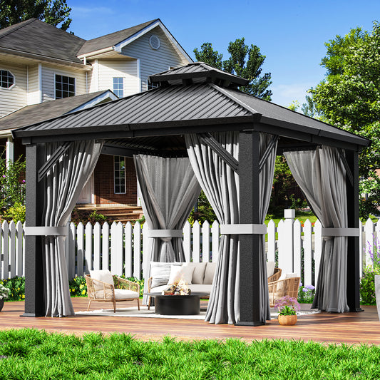 NETAJE 10x10 FT Hardtop Gazebo, Heavy Duty Gazebo with Aluminum Frame, Galvanized Steel Double Roof & Mosquito Net for Garden, Patio, Grey