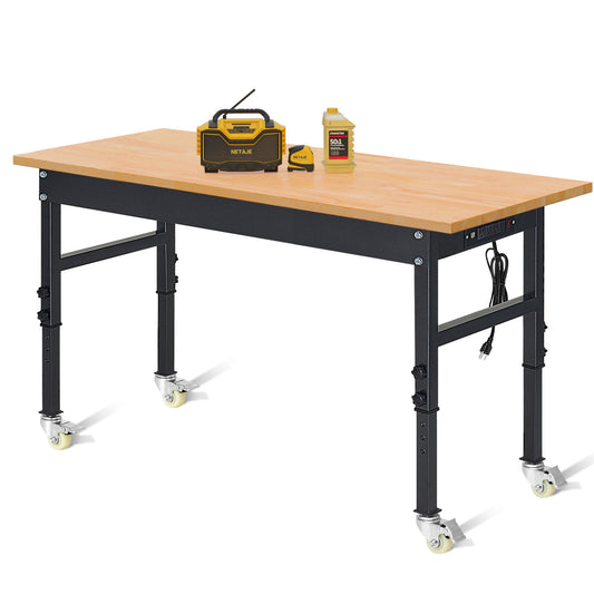 48" Heavy-Duty Work Bench Adjustable Workbench Work Table 2000 LB Load Capacity w/Hardwood Top, Power Outlets, Wheels and Metal Frame for Garage, Workshop, Office, Home, Workstation