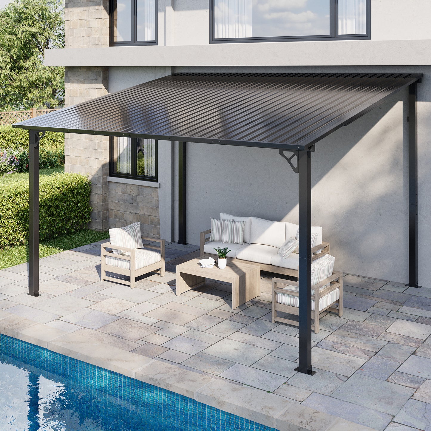 NETAJE 10'x12' Outdoor Metal Gazebo, Hardtop Wall Mounted Gazebo & Pergola with Metal Sloping Roof, for Backyard, Deck, Patio