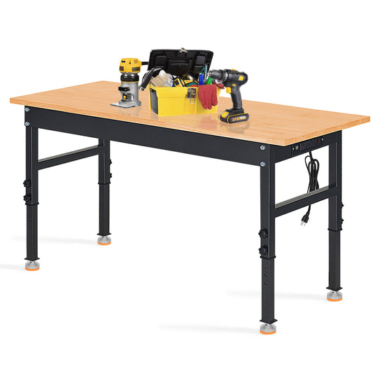 48" Heavy-Duty Work Bench Adjustable Workbench Work Table 2000 LB Load Capacity w/Hardwood Top, Power Outlets, Foot Pads and Metal Frame for Garage, Workshop, Office, Home, Workstation
