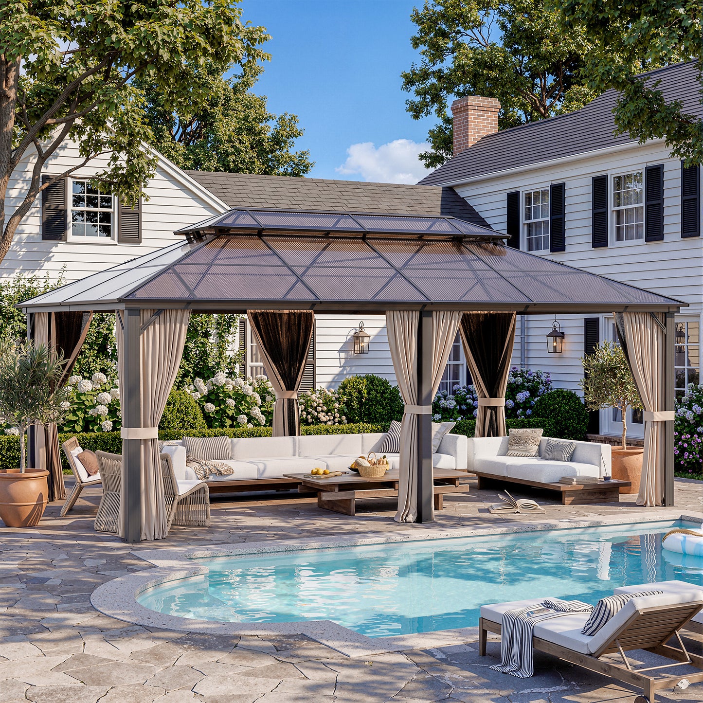 NETAJE 12x20 FT Hardtop Gazebo, Heavy Duty Gazebo with Aluminum Frame and PC Panel Double Roof, Outdoor Permanent Pavilion with Curtains and Mosquito Netting for Patio, Backyard, Lawn