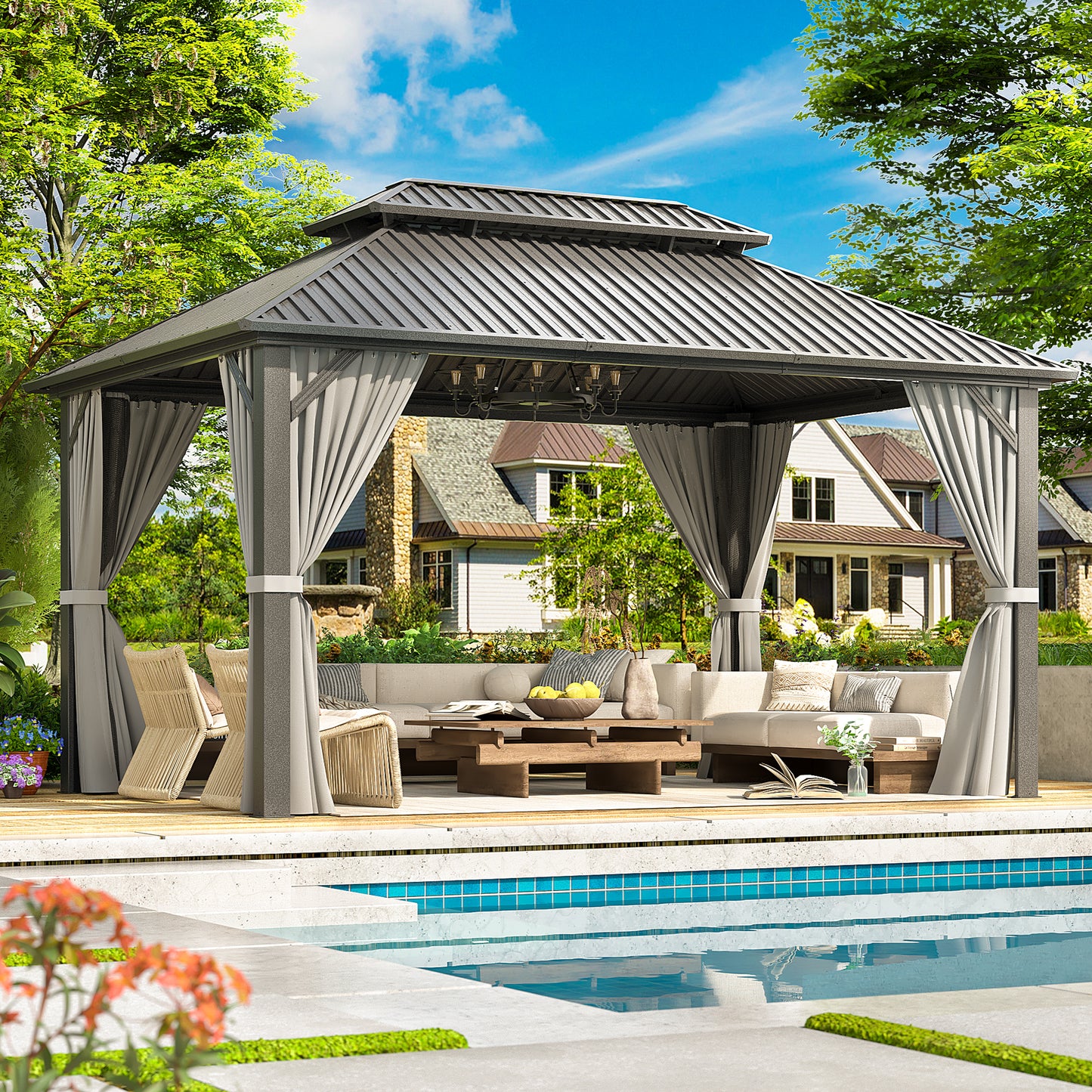 NETAJE 10x14 FT Hardtop Gazebo, Heavy Duty Gazebo with Aluminum Frame, Galvanized Steel Double Roof & Mosquito Net for Garden, Patio, Grey