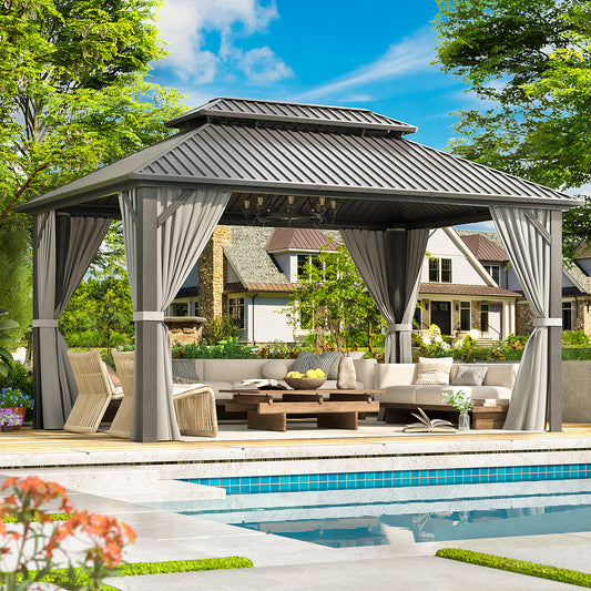 NETAJE 10x14 FT Hardtop Gazebo, Heavy Duty Gazebo with Aluminum Frame, Galvanized Steel Double Roof & Mosquito Net for Garden, Patio, Grey
