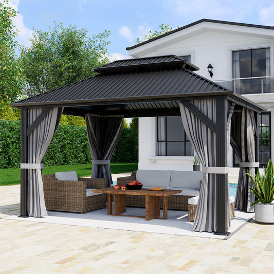 NETAJE 10'x12' Heavy Duty Hardtop Gazebo, Aluminum Frame & Galvanized Steel Double Roof Patio Pergola with Mosquito Netting and Curtains for Backyard, Garden