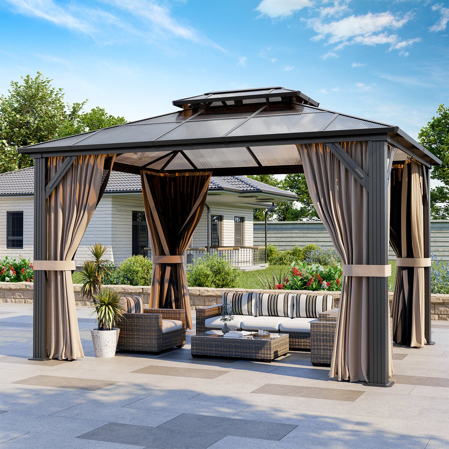 NETAJE 10x12 FT Hardtop Gazebo, Heavy Duty Gazebo with Aluminum Frame and PC Panel Double Roof, Outdoor Permanent Pavilion with Curtains and Mosquito Netting for Patio, Backyard, Lawn