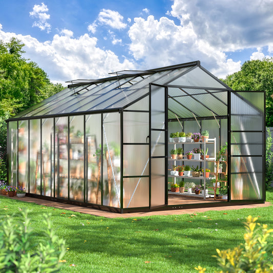 16'x10' Outdoor Greenhouse, Walk-in Polycarbonate Green House with Aluminum Frame for Backyard