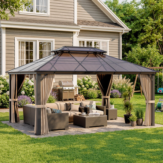 NETAJE 12x16 FT Hardtop Gazebo, Heavy Duty Gazebo with Aluminum Frame and PC Panel Double Roof, Outdoor Permanent Pavilion with Curtains and Mosquito Netting for Patio, Backyard, Lawn