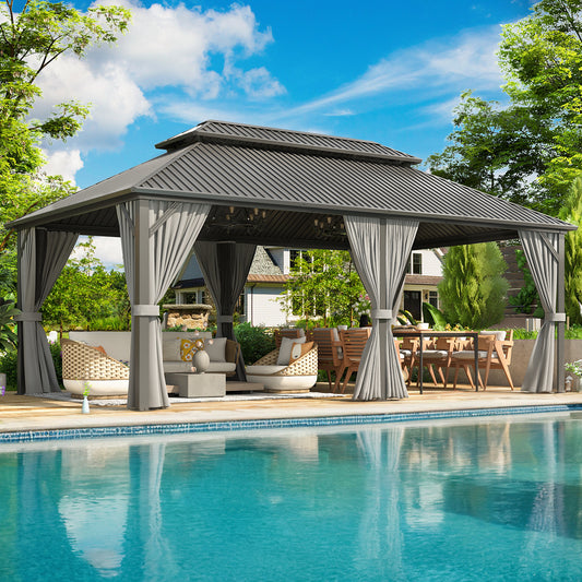 NETAJE 12x20 FT Hardtop Gazebo, Heavy Duty Gazebo with Aluminum Frame, Galvanized Steel Double Roof & Mosquito Net for Garden, Patio, Grey