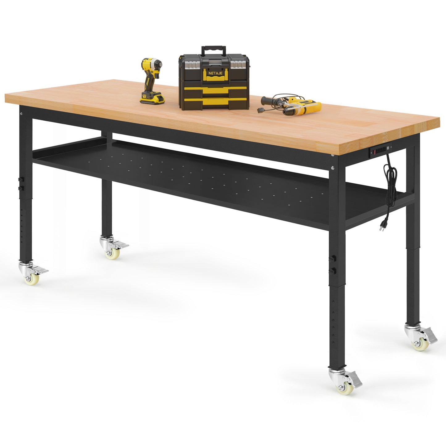 60" Heavy-Duty Workbench Adjustable Work Bench Work Table 2000 LB Load Capacity w/Hardwood Top, Wheels, Partition and Power Outlets for Garage, Workshop, Office, Home, Workstation