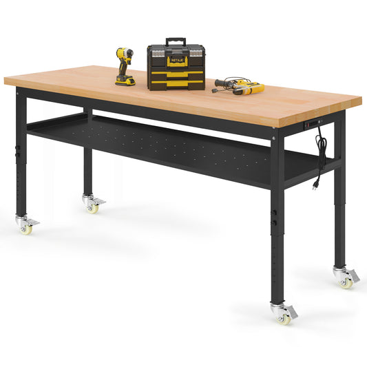 60" Heavy-Duty Workbench Adjustable Work Bench Work Table 2000 LB Load Capacity w/Hardwood Top, Wheels, Partition and Power Outlets for Garage, Workshop, Office, Home, Workstation