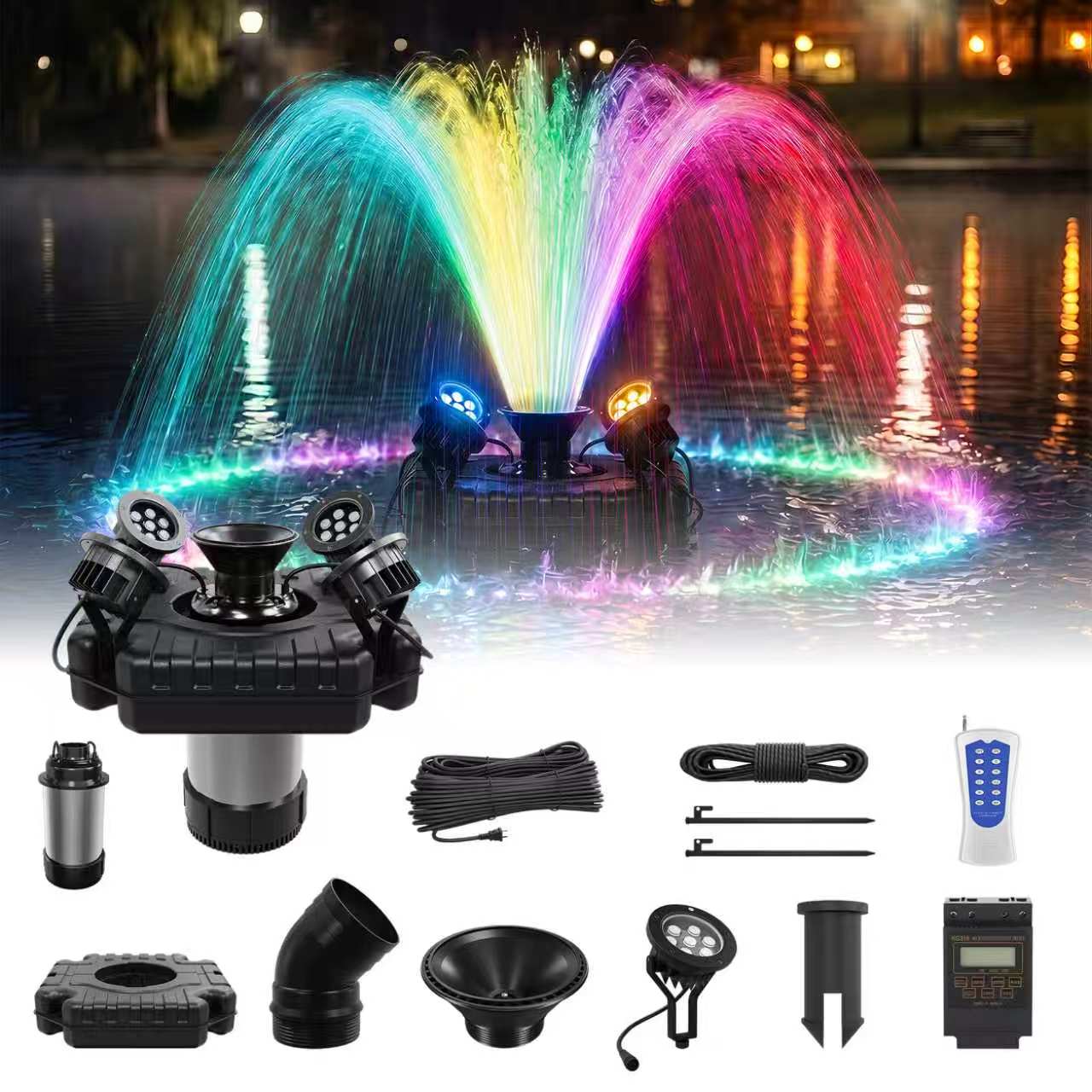 Floating Pond Fountain Aerator Pump for Outdoor Ponds and Pools with 4 LED Lights