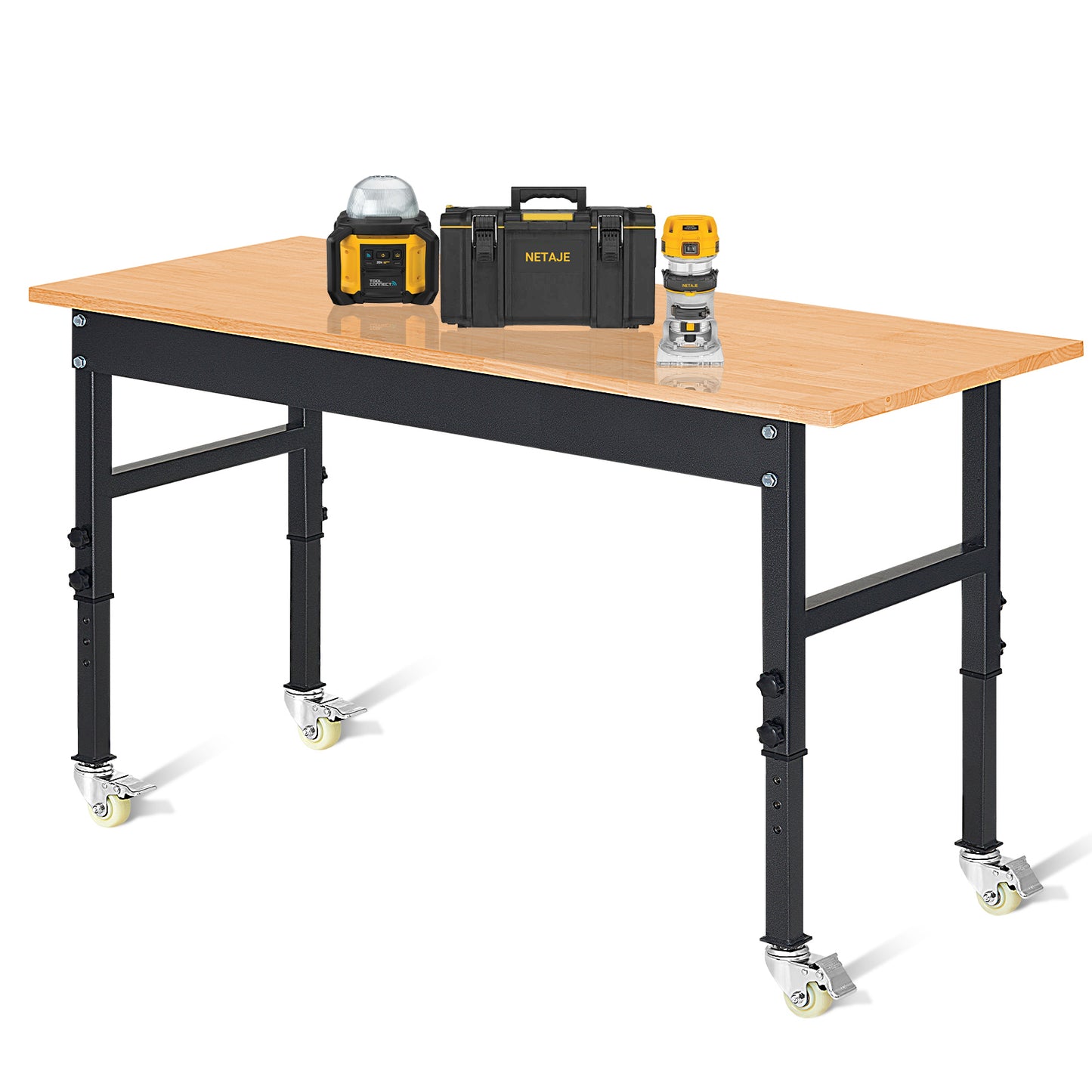 48" Heavy-Duty Work Bench Adjustable Workbench portable Work Table 2000 LB Load Capacity w/Hardwood Top, Wheels and Metal Frame for Garage, Workshop, Office, Home, Workstation