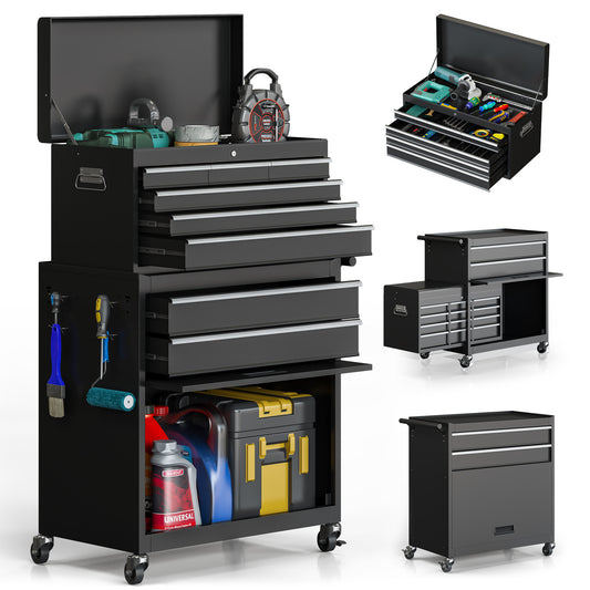 MUCHANT 8-Drawer Rolling Tool Chest, 2-in-1 Tool Box& Cabinet with Wheels, Drawers and Removable Top Tool Box for Garage, Warehouse, Workshop, Repair Shop, Black