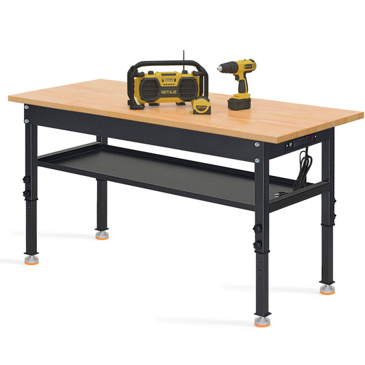 48" Heavy-Duty Workbench Adjustable Work Bench Work Table 2000 LB Load Capacity w/Hardwood Top, Foot Pads, Partition and Power Outlets for Garage, Workshop, Office, Home, Workstation
