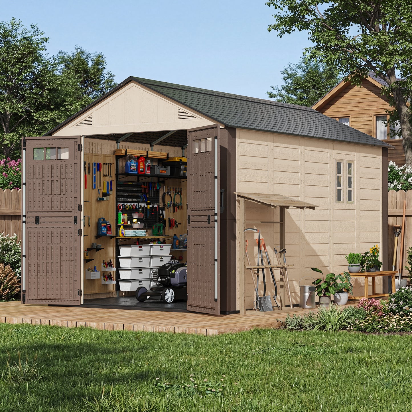 NETAJE 8x12 ft Resin Storage Shed, Outdoor Plastic Tool Shed with Floor, Lockable Door, Window and Vents for Patio, Backyard, Beige & Brown