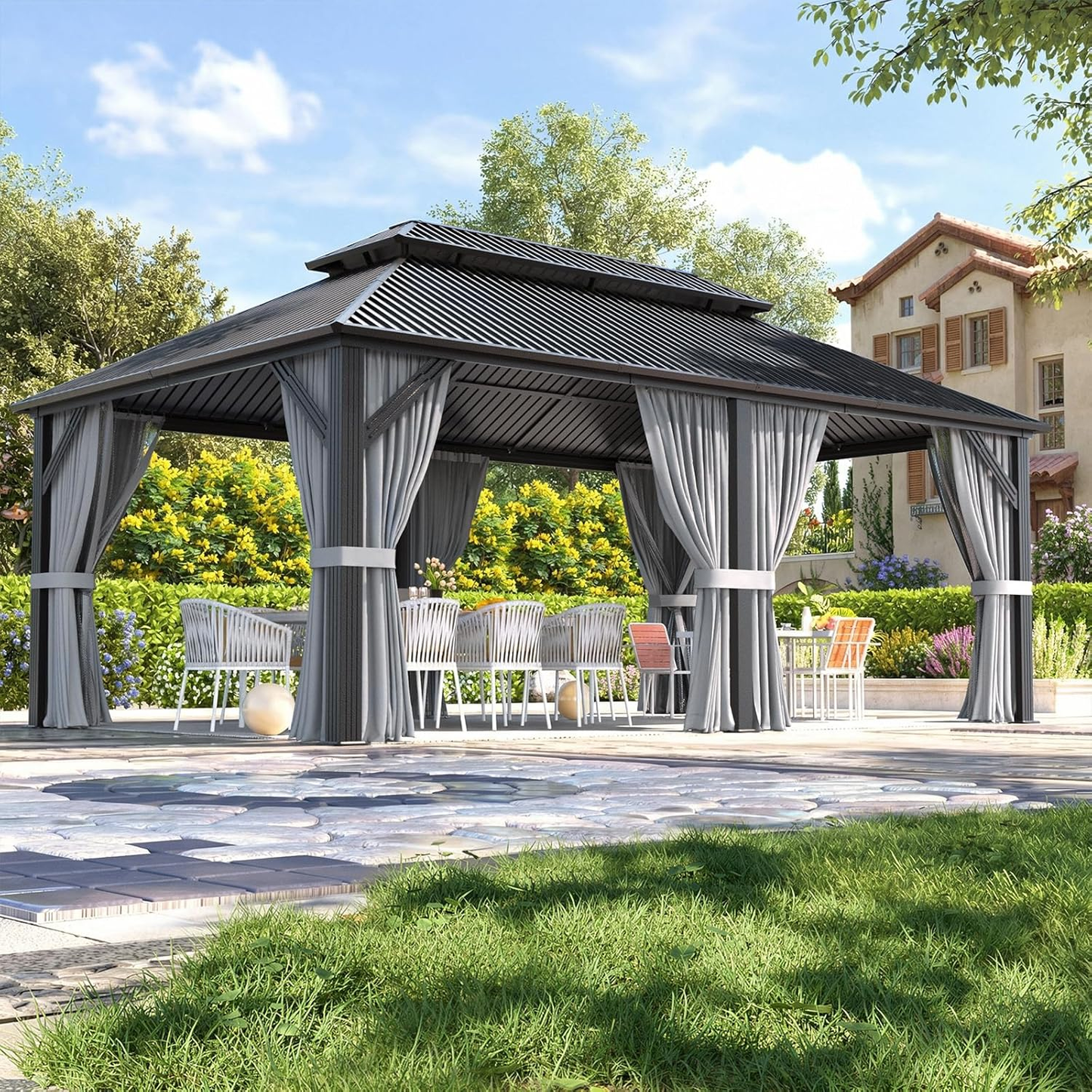 NETAJE 12x20 FT Hardtop Gazebo, Heavy Duty Gazebo with Aluminum Frame, Galvanized Steel Double Roof & Mosquito Net for Garden, Patio, Grey