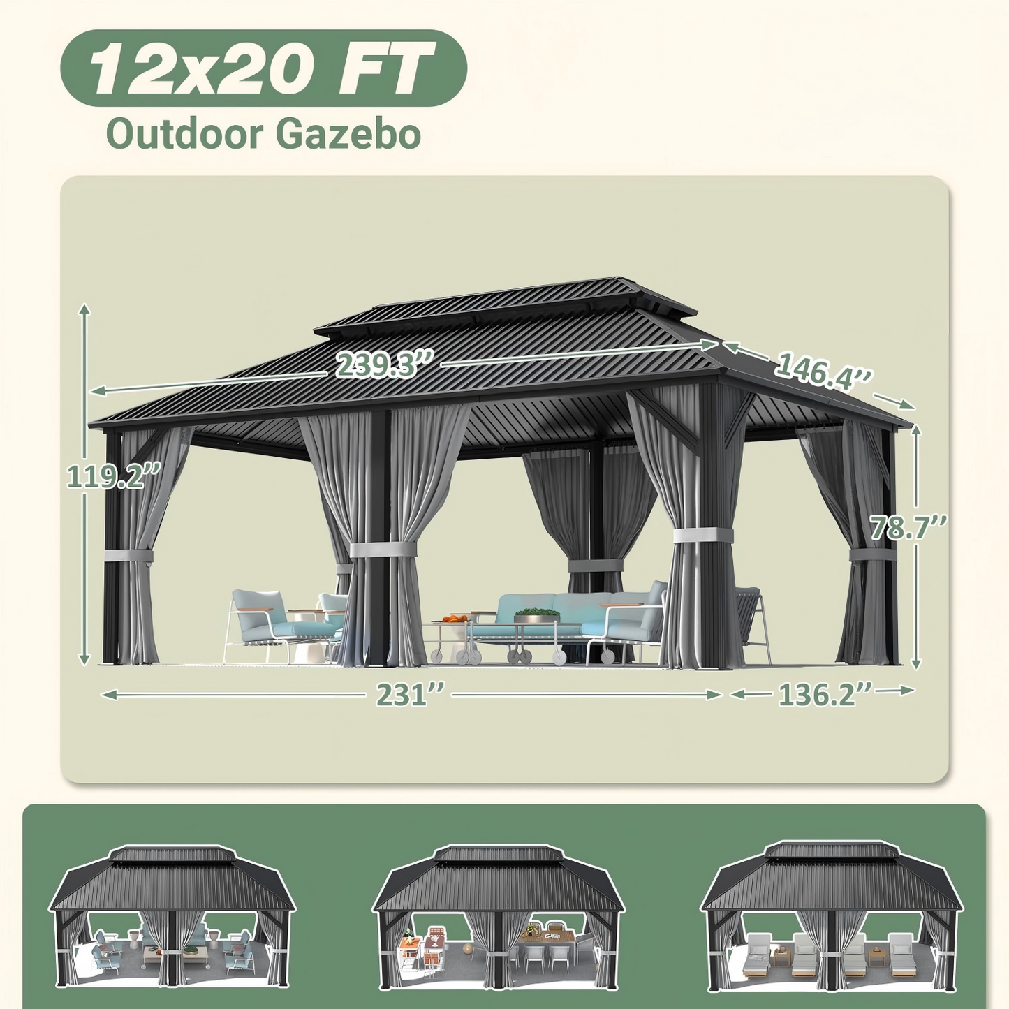NETAJE 12x20 FT Hardtop Gazebo, Heavy Duty Gazebo with Aluminum Frame, Galvanized Steel Double Roof & Mosquito Net for Garden, Patio, Grey