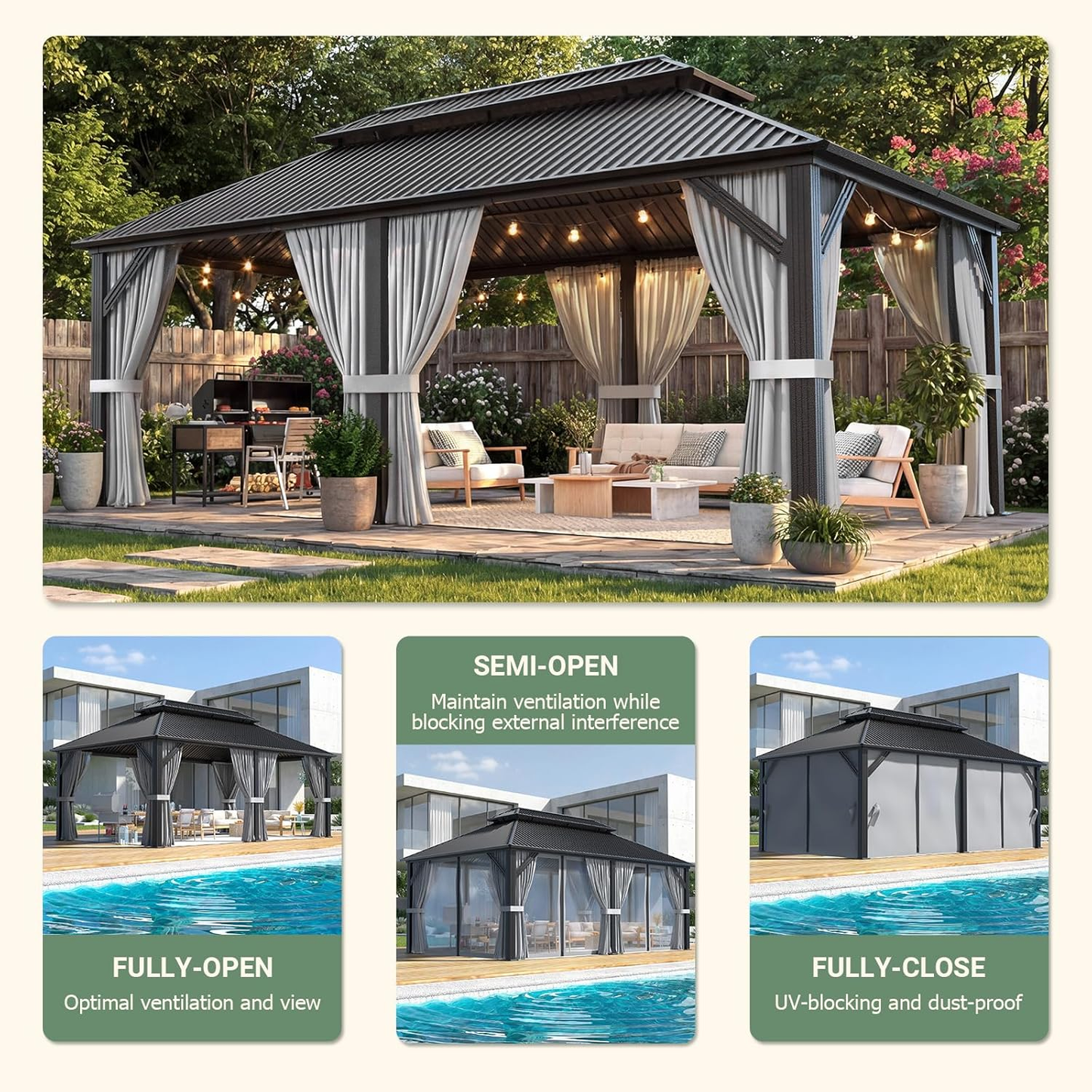 NETAJE 12x20 FT Hardtop Gazebo, Heavy Duty Gazebo with Aluminum Frame, Galvanized Steel Double Roof & Mosquito Net for Garden, Patio, Grey