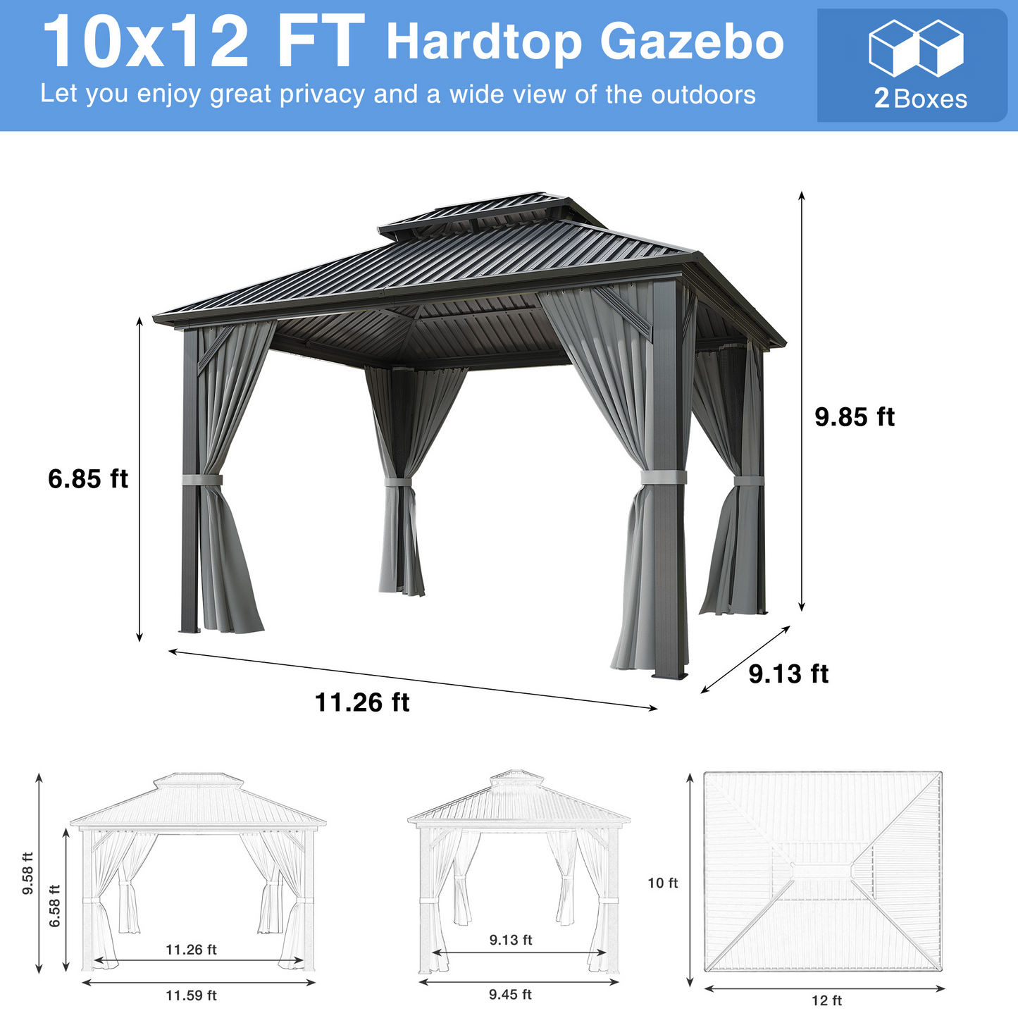 MUCHANT 10'x12' Hardtop Gazebo with Aluminum Frame, Permanent Outdoor Pavilion Metal Gazebo with Galvanized Steel Double Roof & Mosquito Netting and Curtains for Patios, Gardens, Lawns, Grey