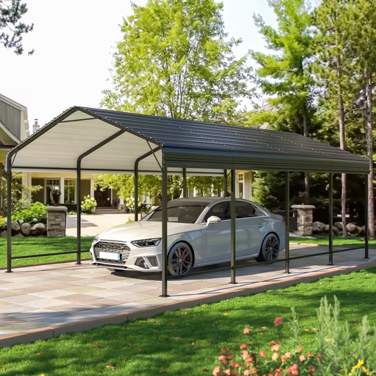 NETAJE 12x20 FT Heavy Duty Metal Carport, Outdoor Car Port Canopy with Galvanized Steel Roof & Reinforced Base, Outdoor Shelter for Trucks, Boats, Party