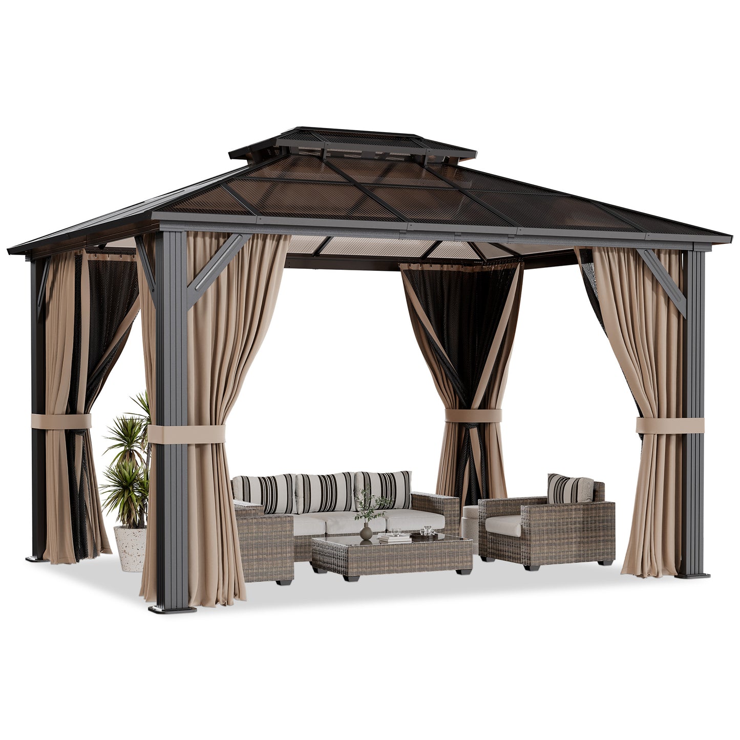 NETAJE 10x12 FT Hardtop Gazebo, Heavy Duty Gazebo with Aluminum Frame and PC Panel Double Roof, Outdoor Permanent Pavilion with Curtains and Mosquito Netting for Patio, Backyard, Lawn
