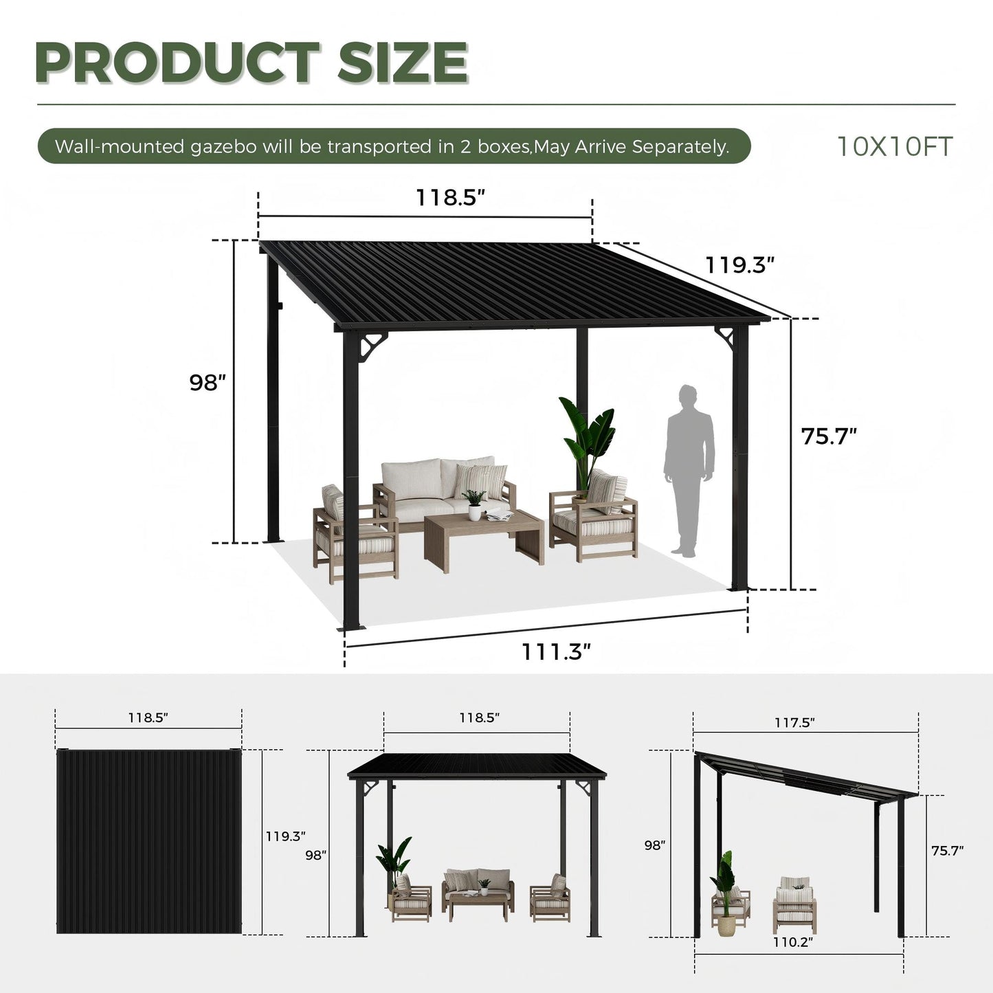 NETAJE 10'x10' Outdoor Metal Gazebo, Hardtop Wall Mounted Gazebo & Pergola with Metal Sloping Roof, for Backyard, Deck, Patio