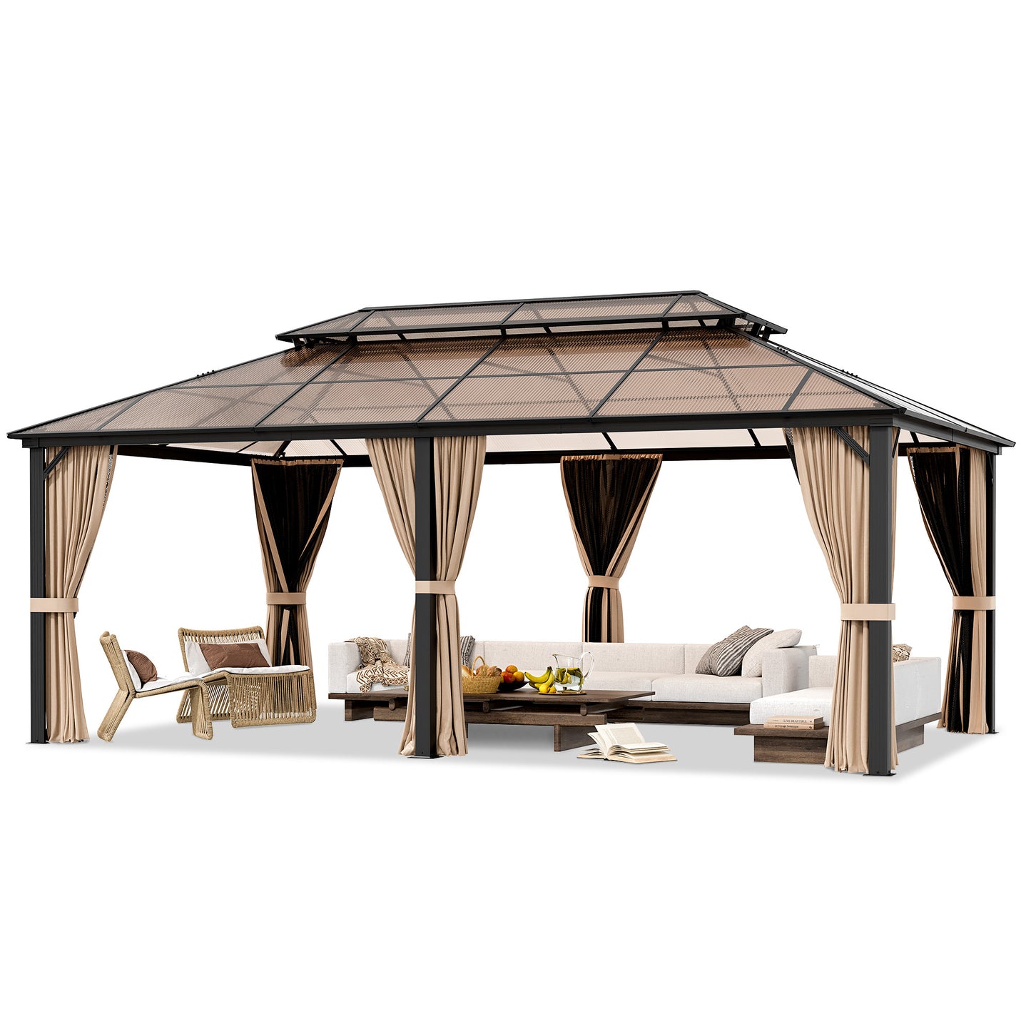 NETAJE 12x20 FT Hardtop Gazebo, Heavy Duty Gazebo with Aluminum Frame and PC Panel Double Roof, Outdoor Permanent Pavilion with Curtains and Mosquito Netting for Patio, Backyard, Lawn
