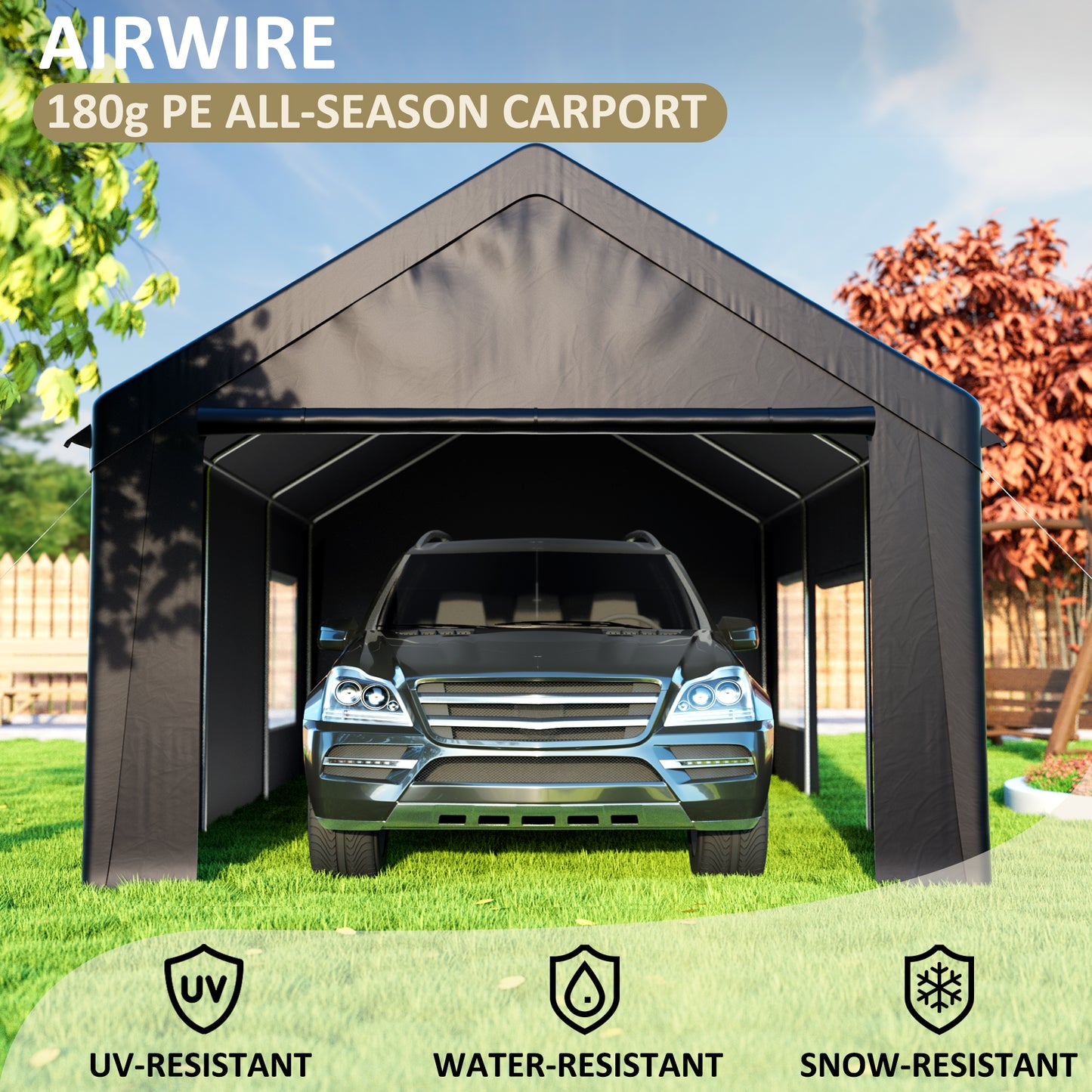 12' x 20' Heavy Duty Portable Garage, Carport with Side-Opening Door & Roll-up Windows, Car Canopy Reinforced Four-Hole Base for Car, Truck, Boat