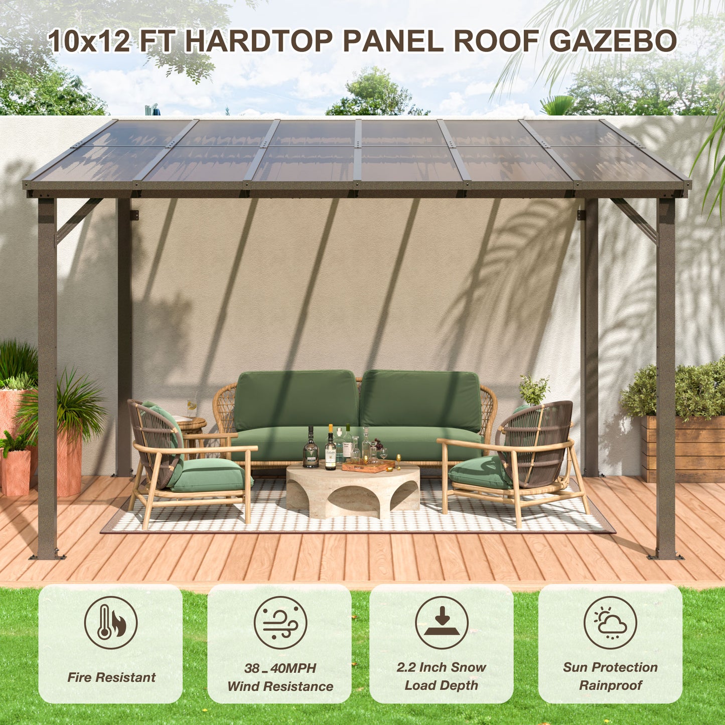 10' x 12' Gazebo, Outdoor Wall Mounted Gazebo & Pergola with Aluminum Frame for Patio, Decks, Porch and Backyard