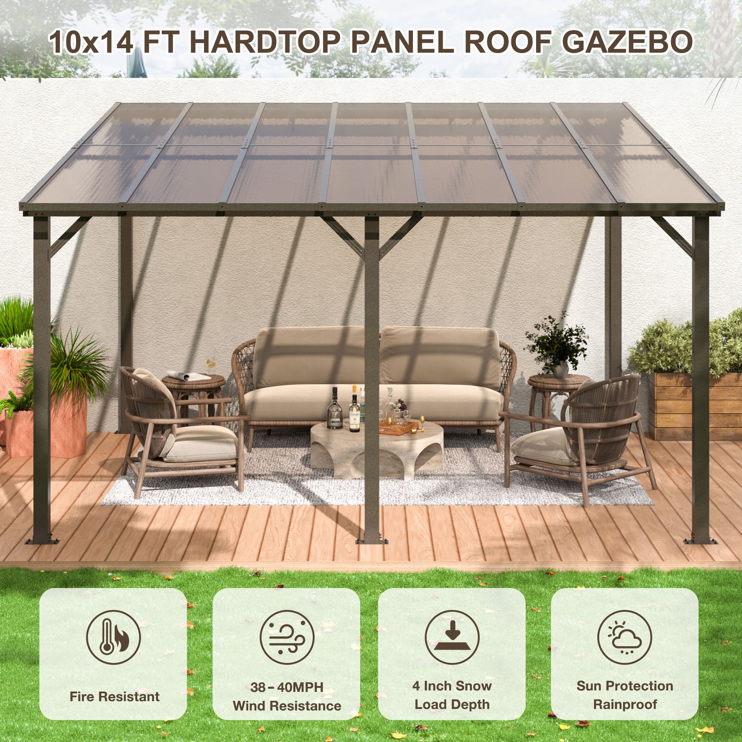 10' x 14' Gazebo, Outdoor Wall Mounted Gazebo & Pergola with Aluminum Frame for Patio, Decks, Porch and Backyard