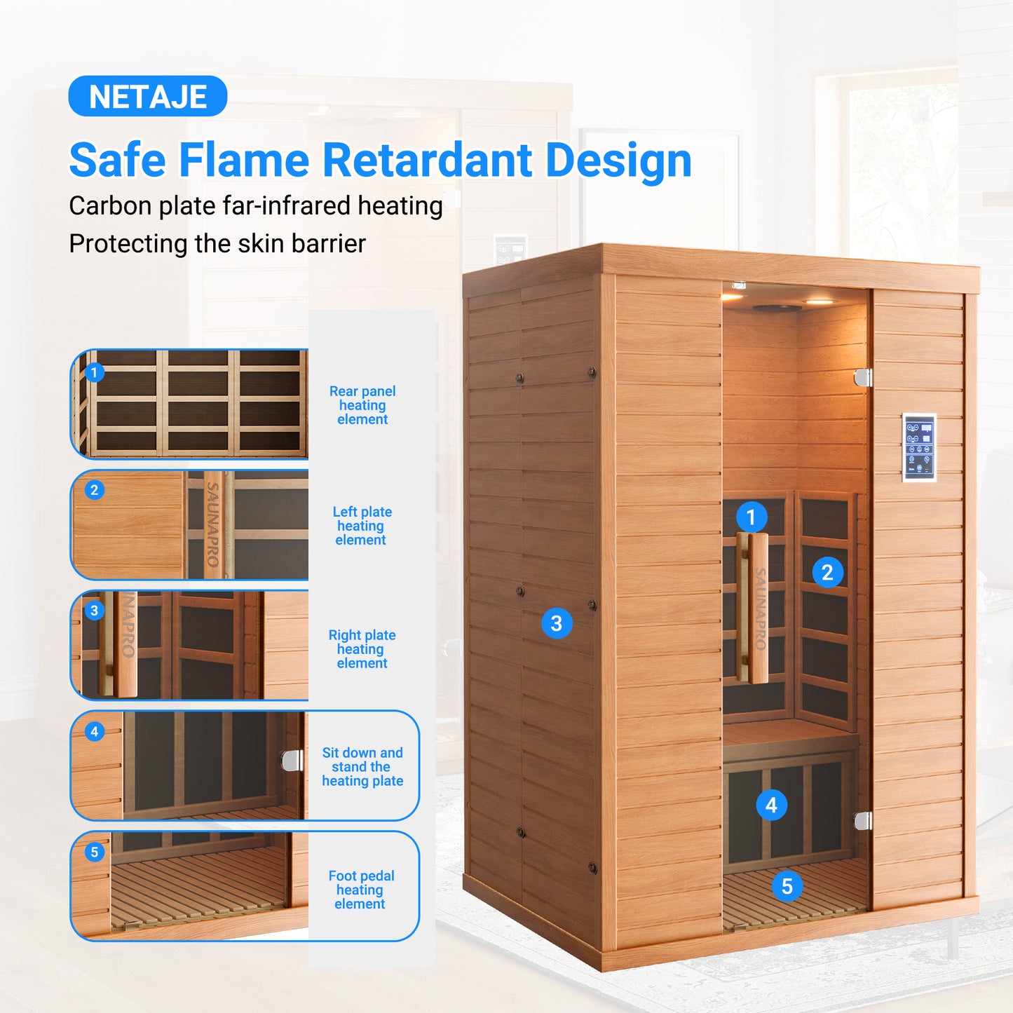 NETAJE 2 Person Sauna, Spectrum Infrared Sauna for Home with BT and WiFi Control, Indoor Dry Sauna with 5 Heater Panels, Home and Gym