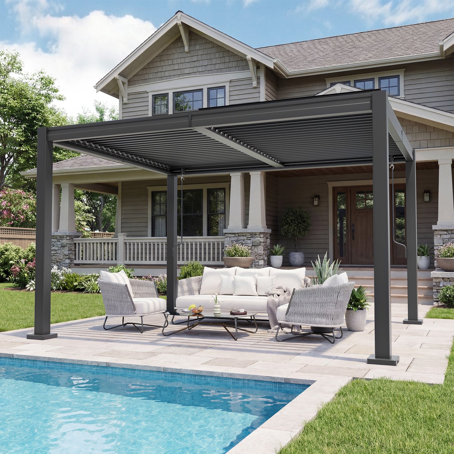 NETAJE 10'x12' Hardtop Louvered Pergola, Aluminum Outdoor Pavilion with Adjustable Louvered Roof and Drainage System for Patio Deck for Patio, Garden, Decks, Backyard