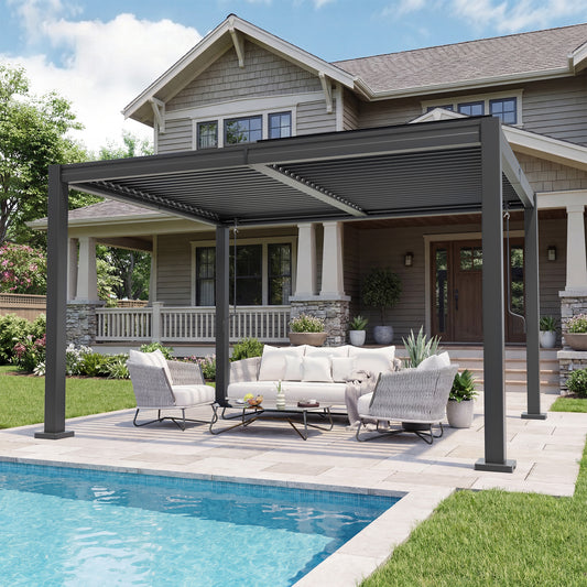 NETAJE 10'x12' Hardtop Louvered Pergola, Aluminum Outdoor Pavilion with Adjustable Louvered Roof and Drainage System for Patio Deck for Patio, Garden, Decks, Backyard
