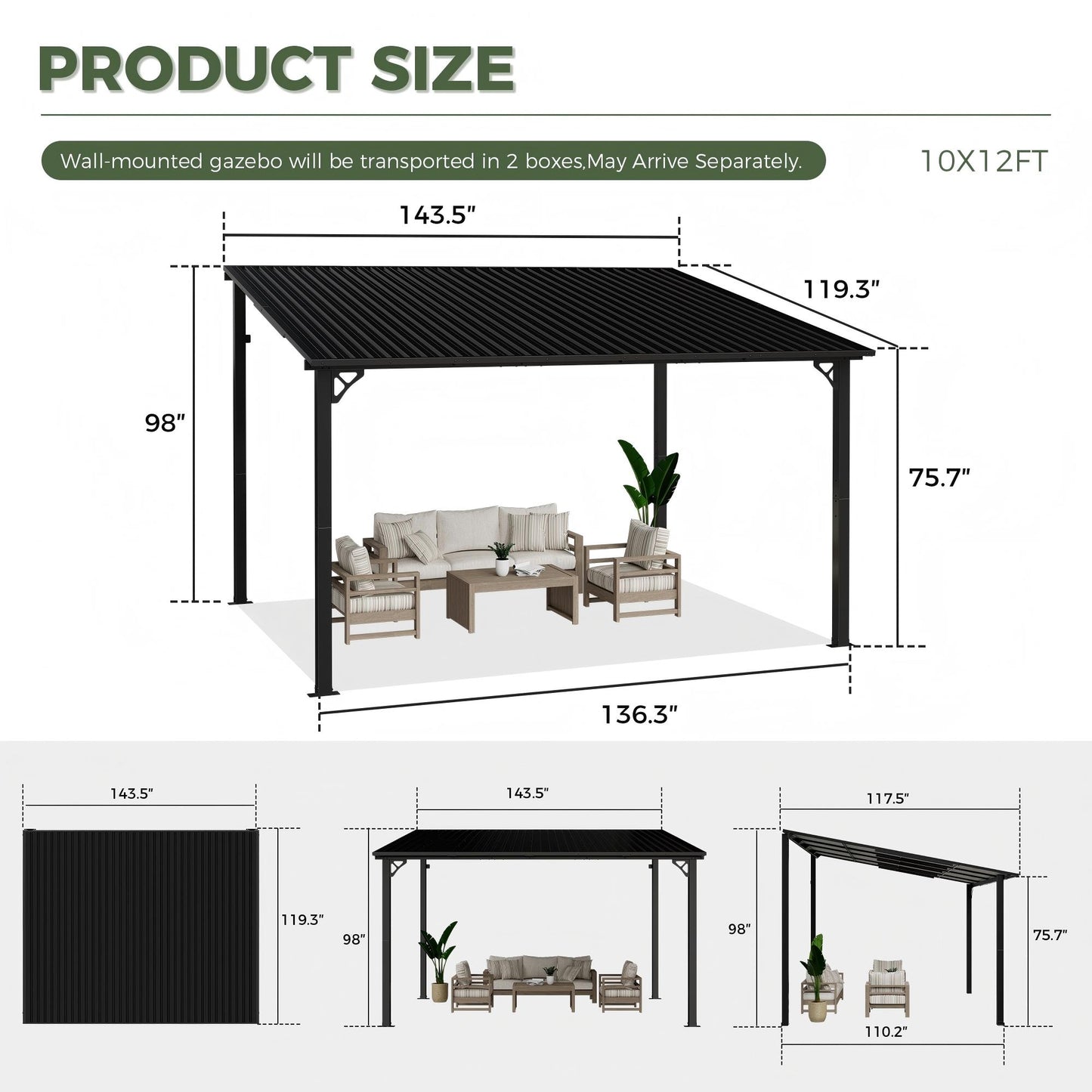 NETAJE 10'x12' Outdoor Metal Gazebo, Hardtop Wall Mounted Gazebo & Pergola with Metal Sloping Roof, for Backyard, Deck, Patio