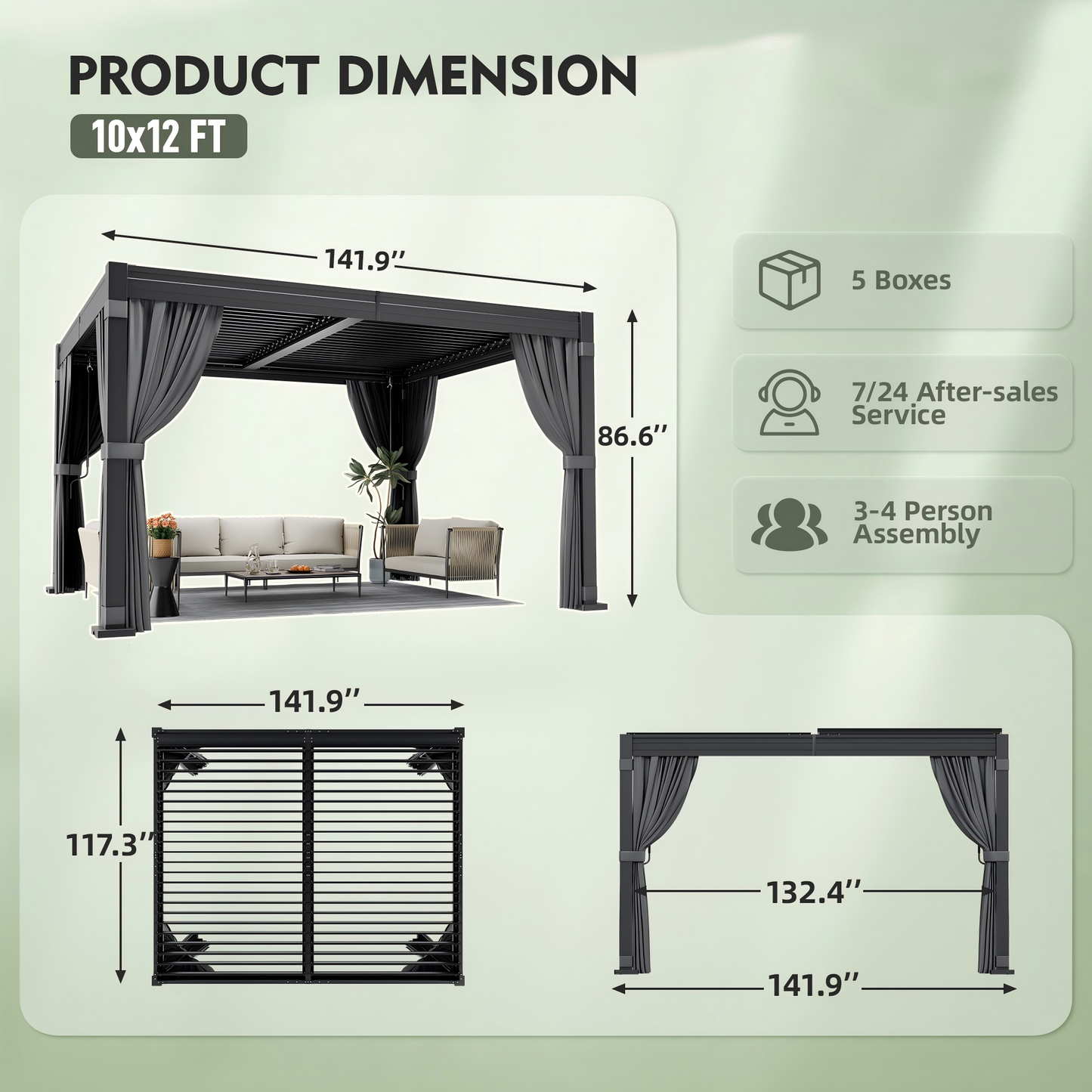 NETAJE 10'x12' Hardtop Louvered Pergola with Curtains and Netting, Outdoor Metal Pavilion with Adjustable Louvered Roof & Drainage System for Patio, Garden, Deck, Backyard