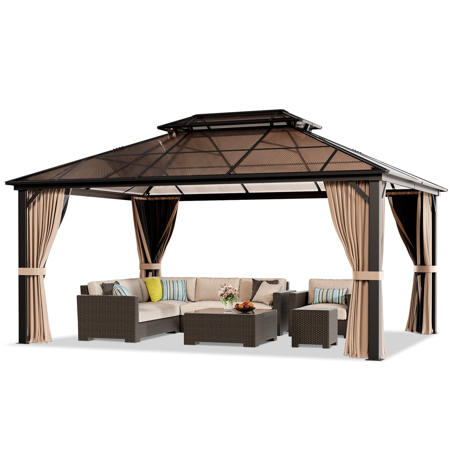 NETAJE 12x16 FT Hardtop Gazebo, Heavy Duty Gazebo with Aluminum Frame and PC Panel Double Roof, Outdoor Permanent Pavilion with Curtains and Mosquito Netting for Patio, Backyard, Lawn