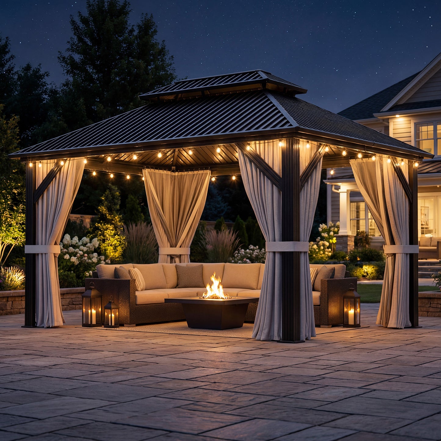 NETAJE 10'x12' Heavy Duty Hardtop Gazebo, Aluminum Frame & Galvanized Steel Double Roof Patio Pergola with Mosquito Netting and Curtains for Backyard, Garden
