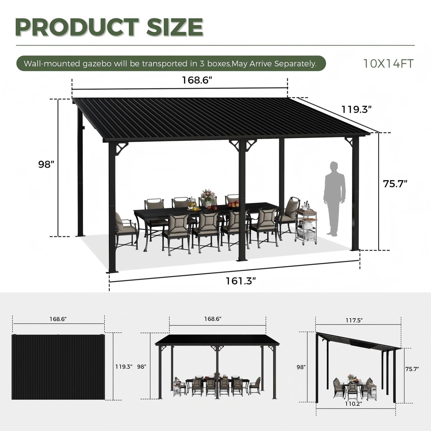 NETAJE 10'x14' Outdoor Metal Gazebo, Hardtop Wall Mounted Gazebo & Pergola with Metal Sloping Roof, for Backyard, Deck, Patio