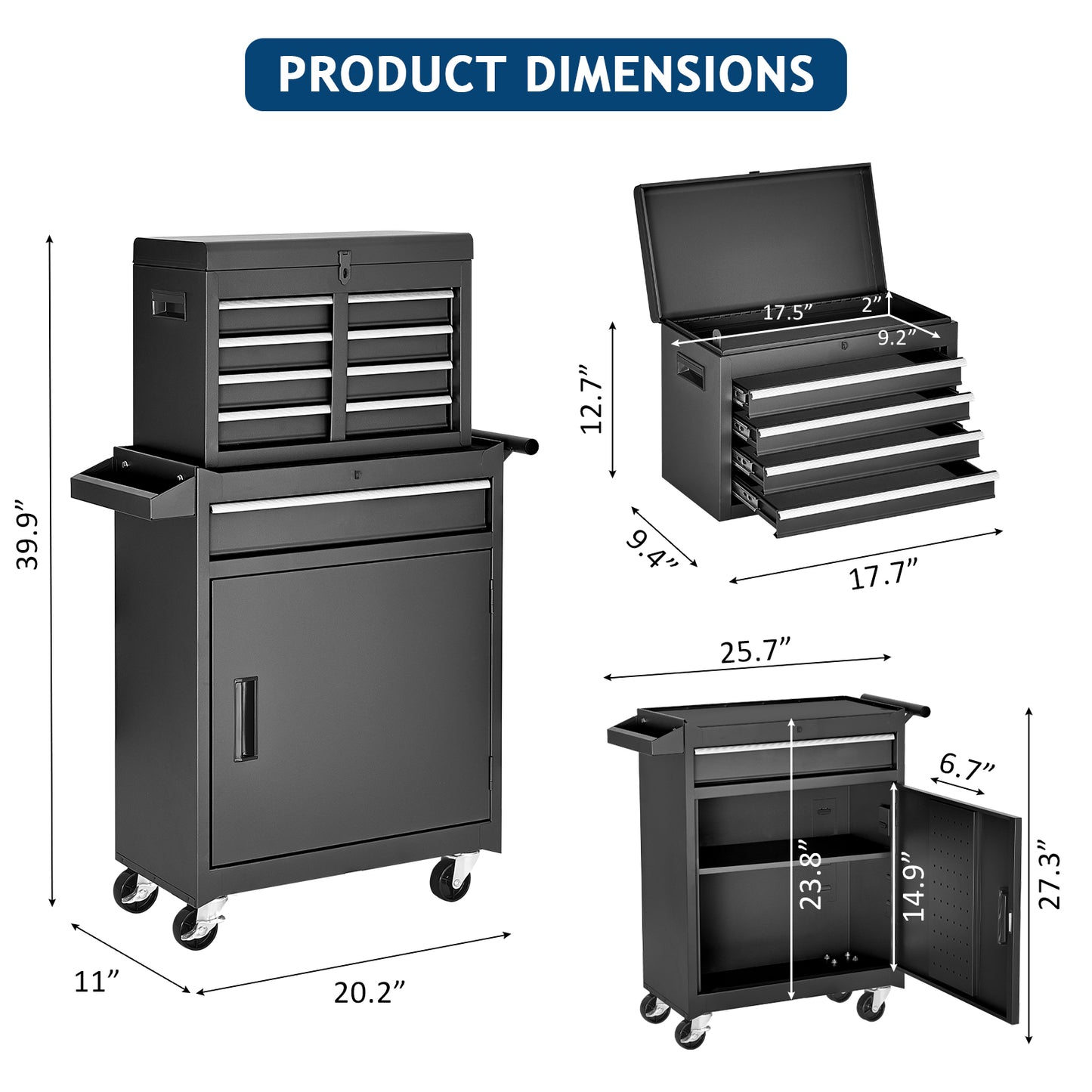 Metal Tool Chest,2 in 1 Steel Rolling Tool Box & Cabinet On Wheels for Garage,Detachable Top Tool Box and Lockable Wheels Metal Tool Cart for Garage,5-Drawer